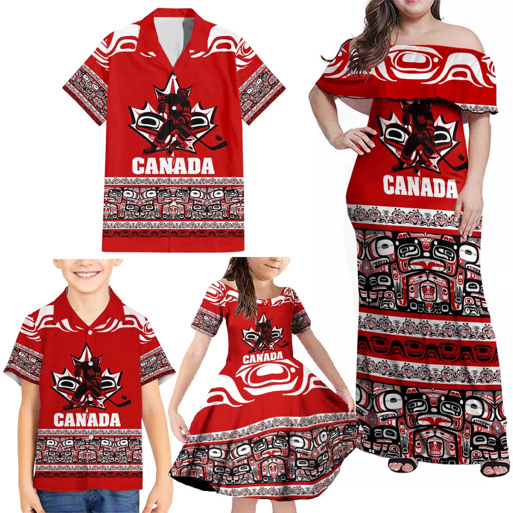 Haida Hockey Canada Family Matching Off Shoulder Maxi Dress and Hawaiian Shirt Maple Leaf