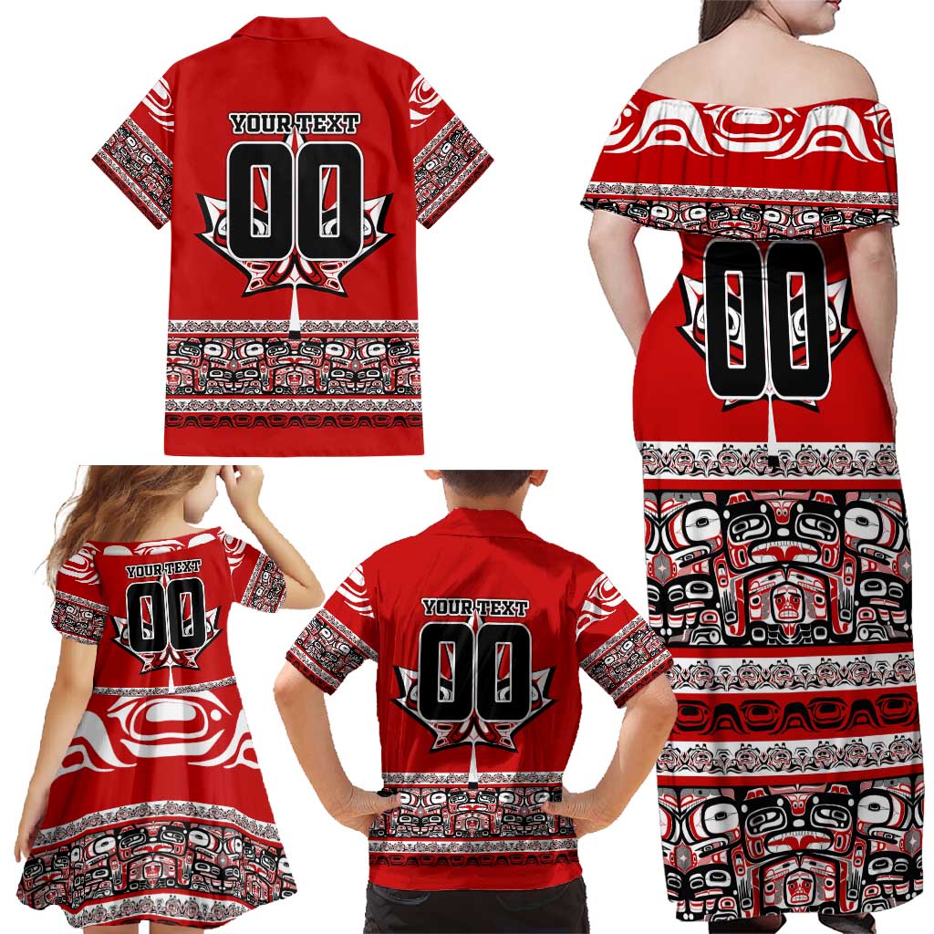 Haida Hockey Canada Family Matching Off Shoulder Maxi Dress and Hawaiian Shirt Maple Leaf