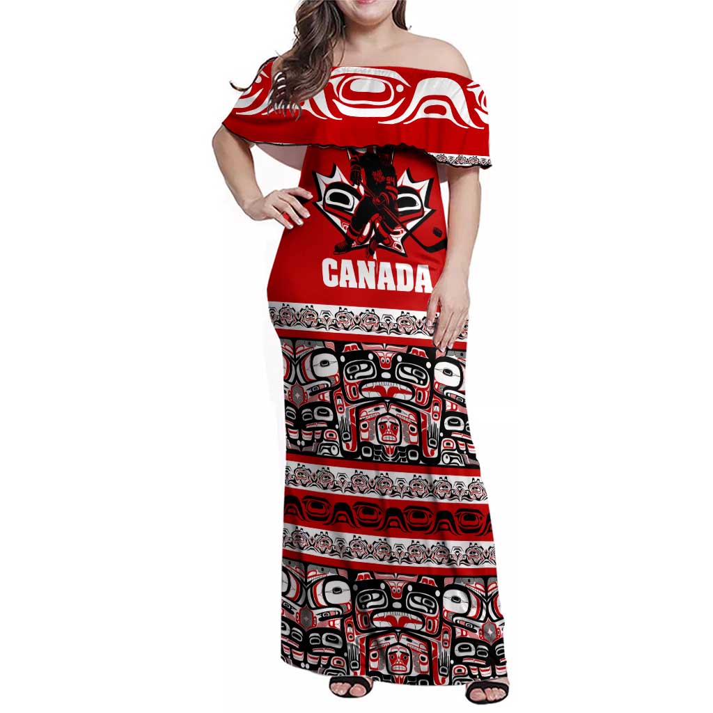 Haida Hockey Canada Family Matching Off Shoulder Maxi Dress and Hawaiian Shirt Maple Leaf