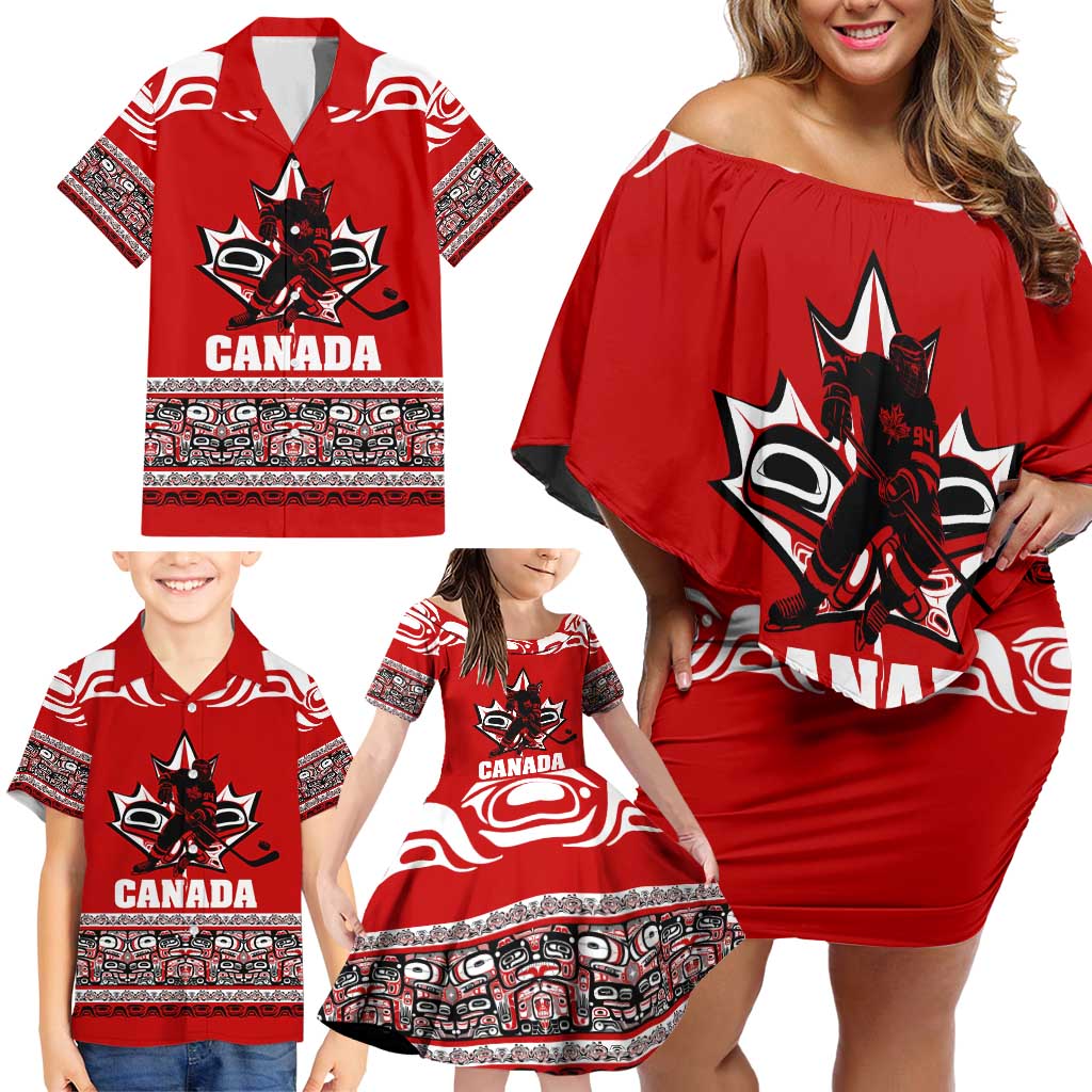 Haida Hockey Canada Family Matching Off Shoulder Short Dress and Hawaiian Shirt Maple Leaf