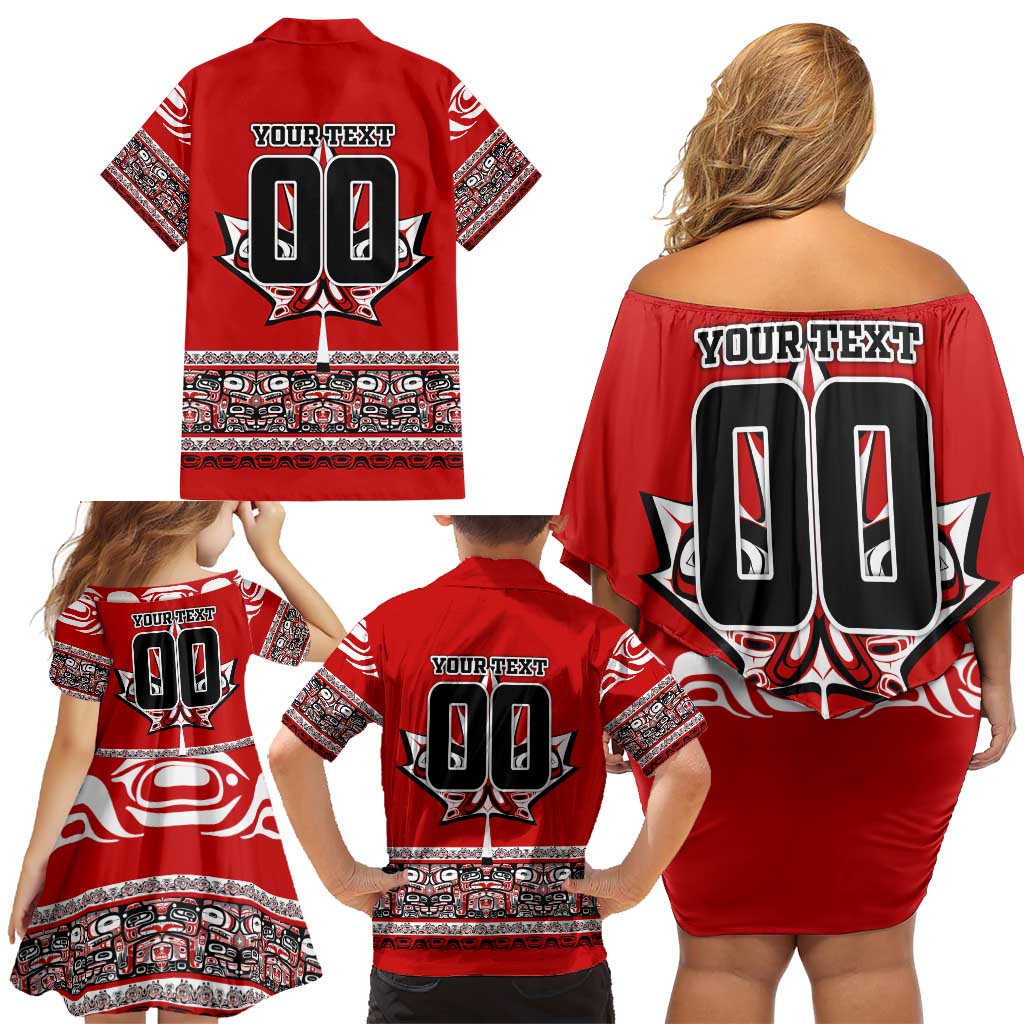 Haida Hockey Canada Family Matching Off Shoulder Short Dress and Hawaiian Shirt Maple Leaf