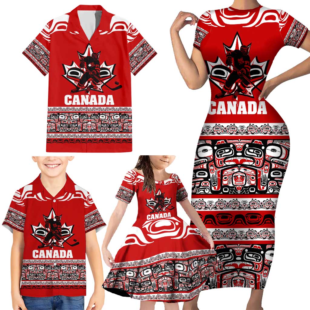 Haida Hockey Canada Family Matching Short Sleeve Bodycon Dress and Hawaiian Shirt Maple Leaf