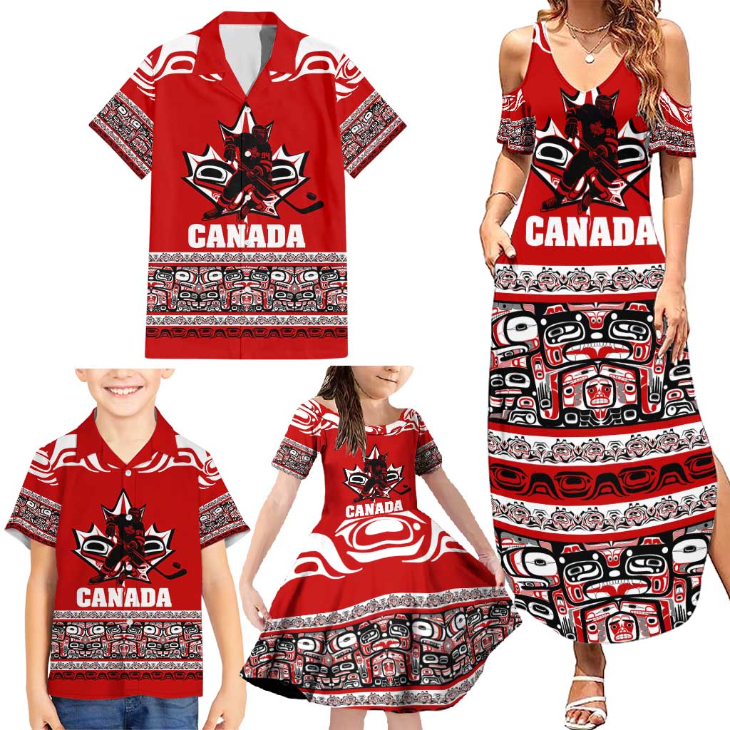 Haida Hockey Canada Family Matching Summer Maxi Dress and Hawaiian Shirt Maple Leaf