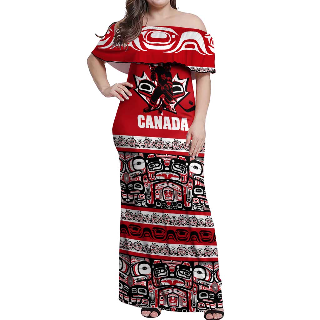 Haida Hockey Canada Off Shoulder Maxi Dress Maple Leaf