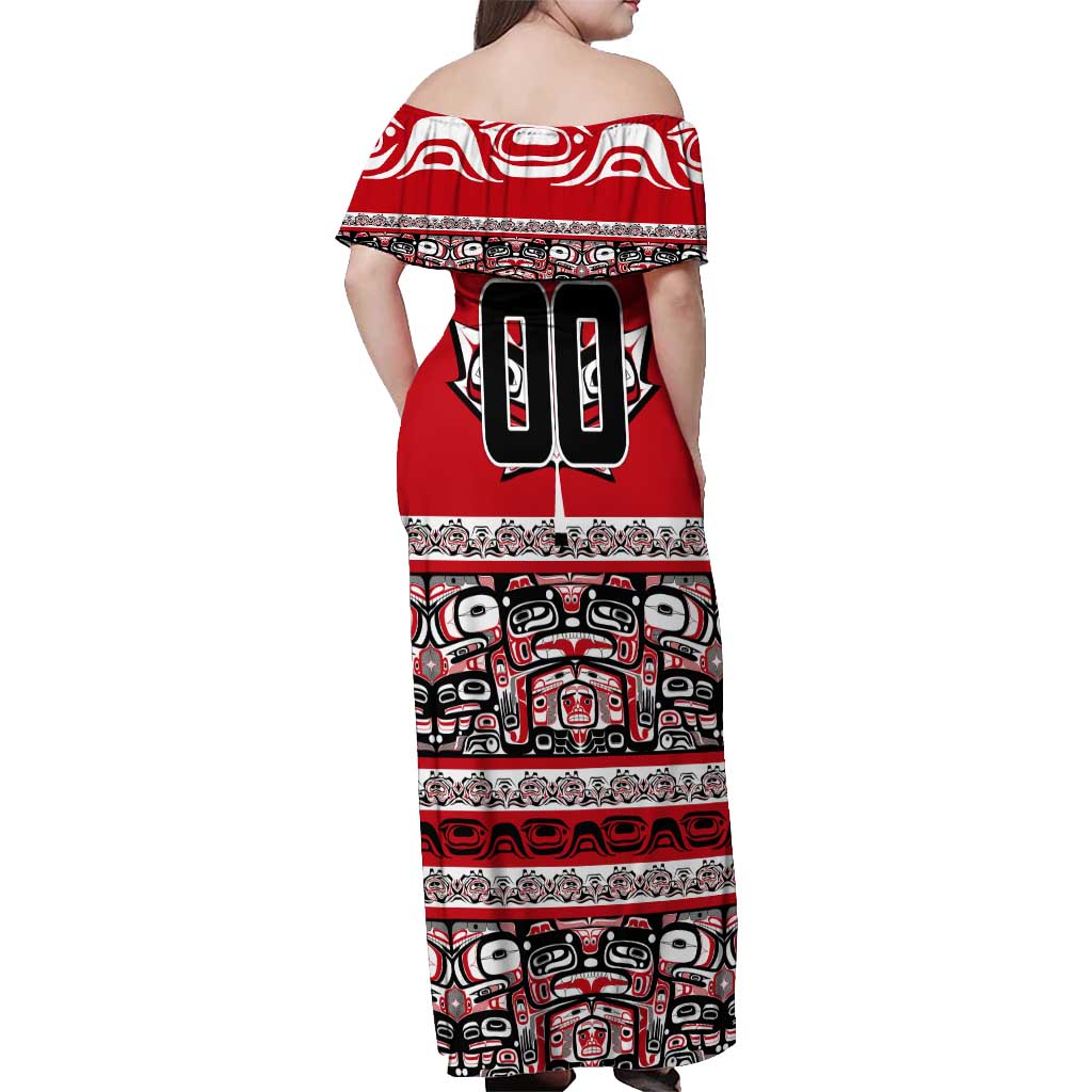 Haida Hockey Canada Off Shoulder Maxi Dress Maple Leaf