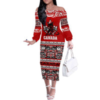 Haida Hockey Canada Off The Shoulder Long Sleeve Dress Maple Leaf