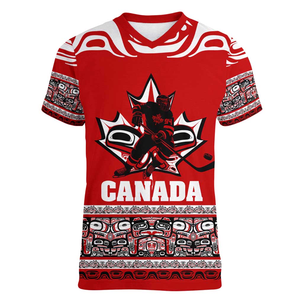 Haida Hockey Canada Women V-Neck T-Shirt Maple Leaf