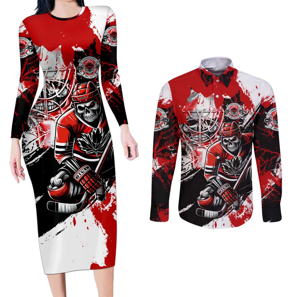 Canada Hockey Skull Life and Death Couples Matching Long Sleeve Bodycon Dress and Long Sleeve Button Shirt