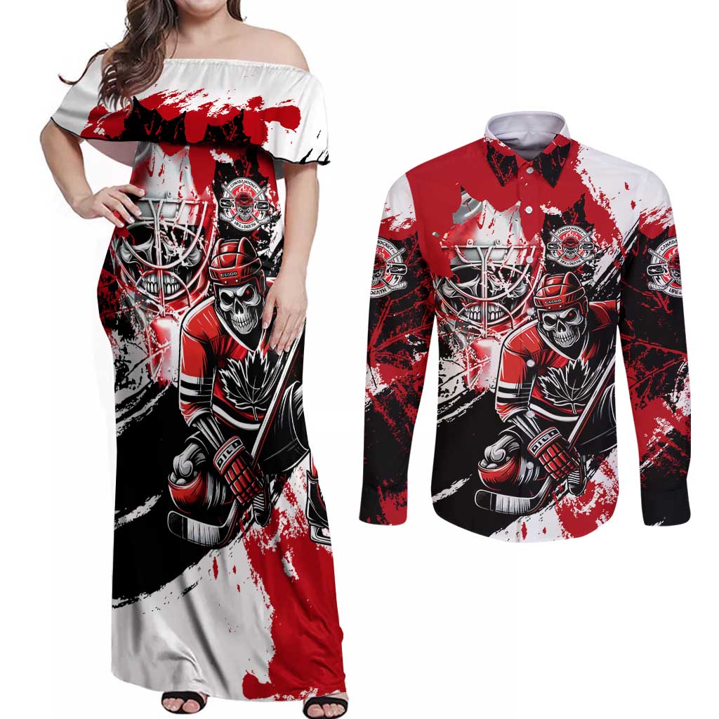 Canada Hockey Skull Life and Death Couples Matching Off Shoulder Maxi Dress and Long Sleeve Button Shirt