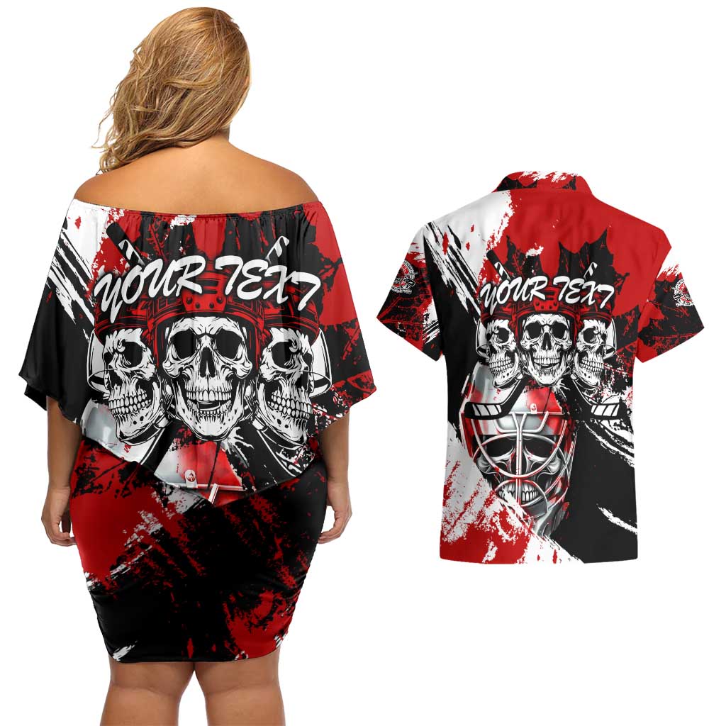 Canada Hockey Skull Life and Death Couples Matching Off Shoulder Short Dress and Hawaiian Shirt