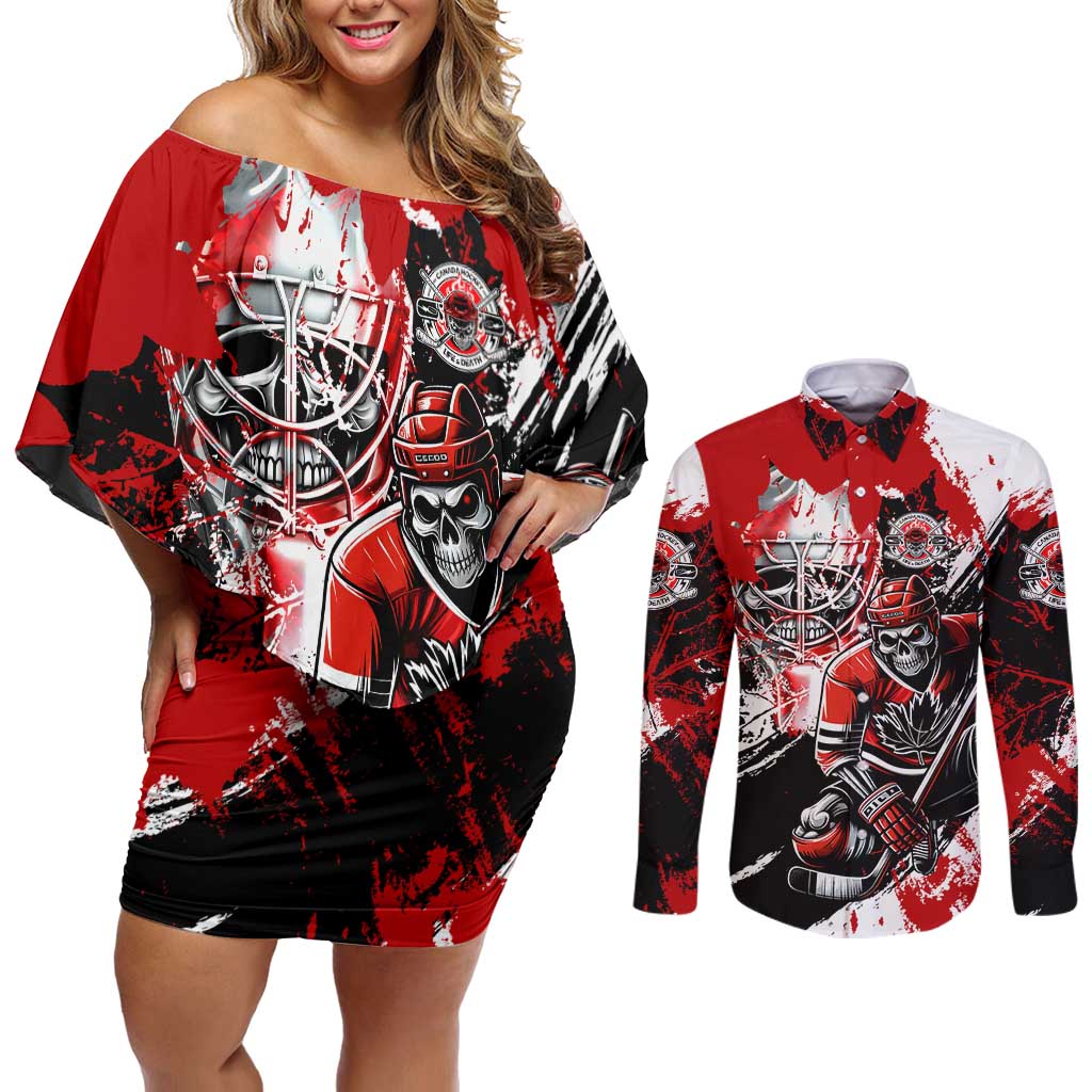 Canada Hockey Skull Life and Death Couples Matching Off Shoulder Short Dress and Long Sleeve Button Shirt