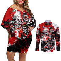 Canada Hockey Skull Life and Death Couples Matching Off Shoulder Short Dress and Long Sleeve Button Shirt