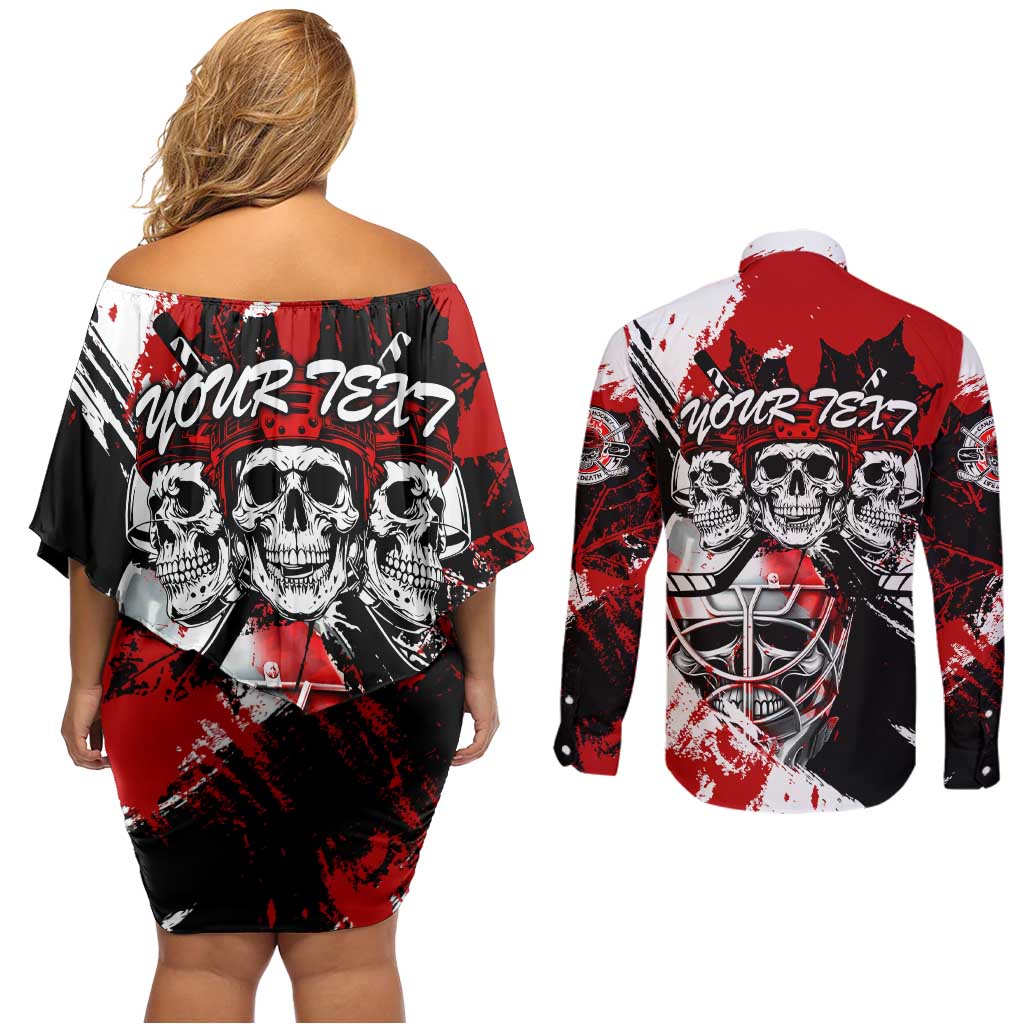 Canada Hockey Skull Life and Death Couples Matching Off Shoulder Short Dress and Long Sleeve Button Shirt