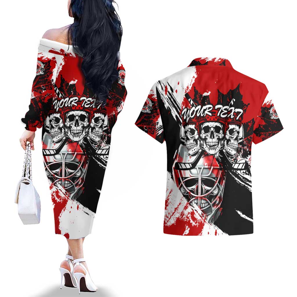Canada Hockey Skull Life and Death Couples Matching Off The Shoulder Long Sleeve Dress and Hawaiian Shirt