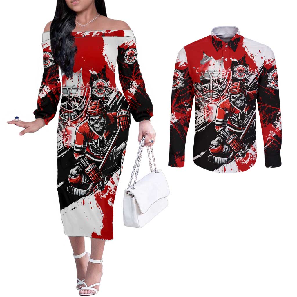 Canada Hockey Skull Life and Death Couples Matching Off The Shoulder Long Sleeve Dress and Long Sleeve Button Shirt