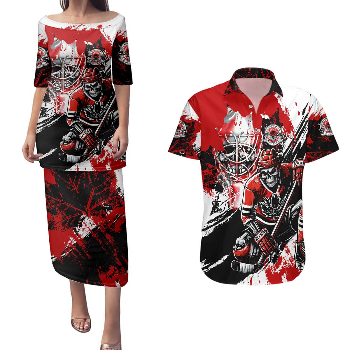 Canada Hockey Skull Life and Death Couples Matching Puletasi and Hawaiian Shirt
