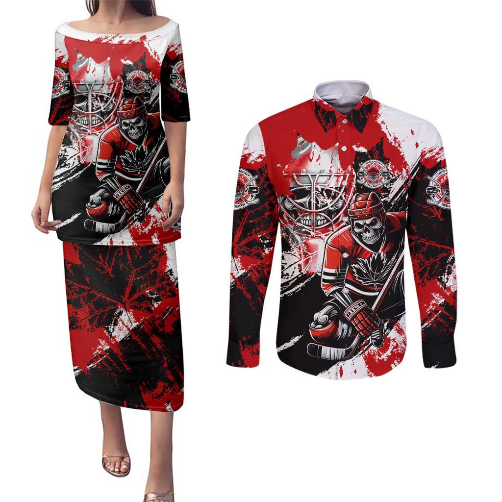 Canada Hockey Skull Life and Death Couples Matching Puletasi and Long Sleeve Button Shirt