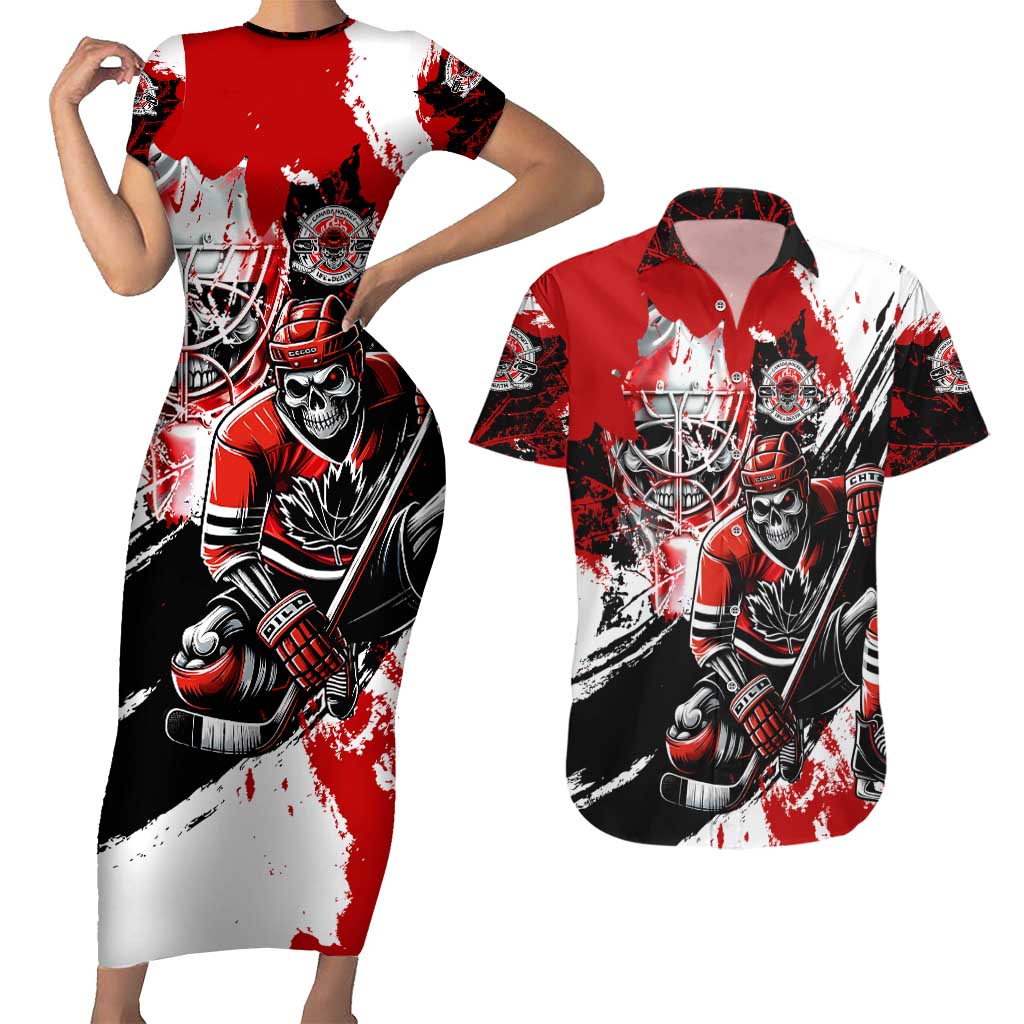 Canada Hockey Skull Life and Death Couples Matching Short Sleeve Bodycon Dress and Hawaiian Shirt