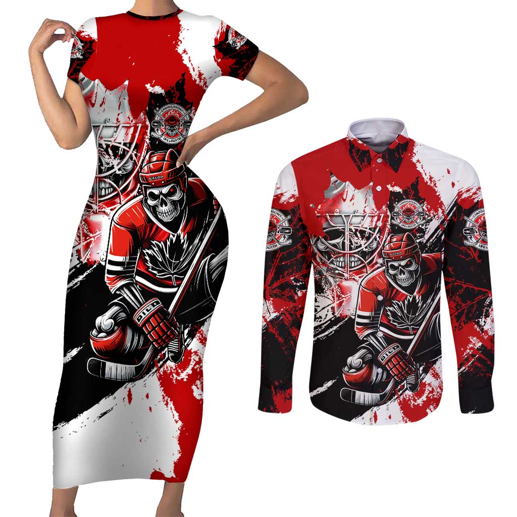 Canada Hockey Skull Life and Death Couples Matching Short Sleeve Bodycon Dress and Long Sleeve Button Shirt