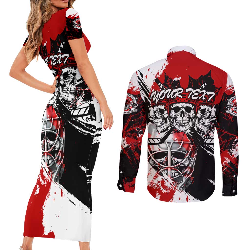 Canada Hockey Skull Life and Death Couples Matching Short Sleeve Bodycon Dress and Long Sleeve Button Shirt