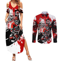 Canada Hockey Skull Life and Death Couples Matching Summer Maxi Dress and Long Sleeve Button Shirt