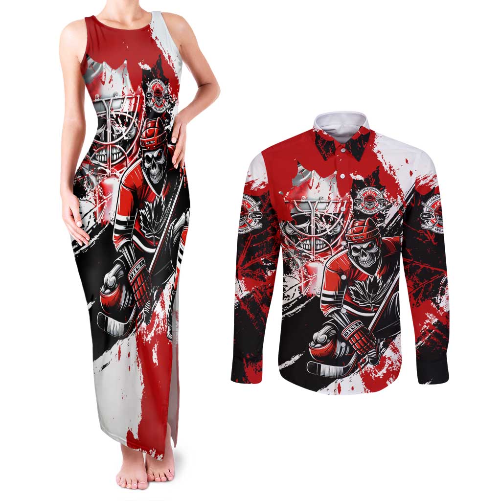 Canada Hockey Skull Life and Death Couples Matching Tank Maxi Dress and Long Sleeve Button Shirt
