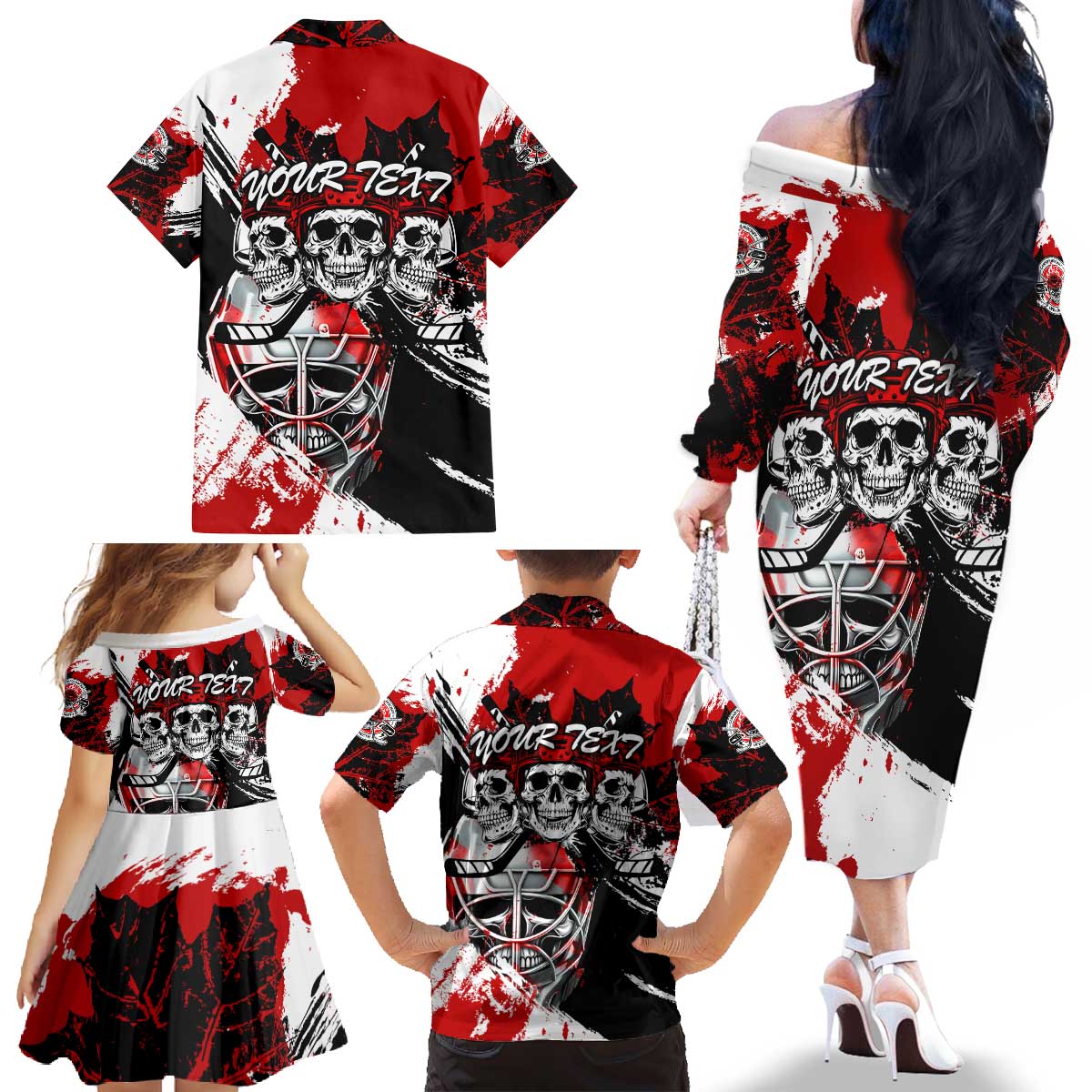 Canada Hockey Skull Life and Death Family Matching Off The Shoulder Long Sleeve Dress and Hawaiian Shirt