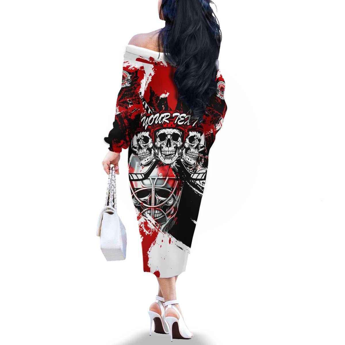 Canada Hockey Skull Life and Death Family Matching Off The Shoulder Long Sleeve Dress and Hawaiian Shirt