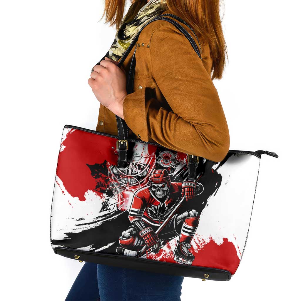 Canada Hockey Skull Life and Death Leather Tote Bag
