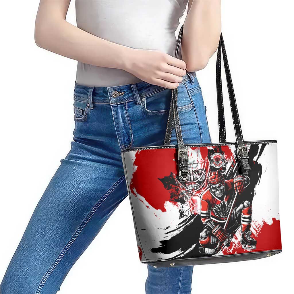 Canada Hockey Skull Life and Death Leather Tote Bag