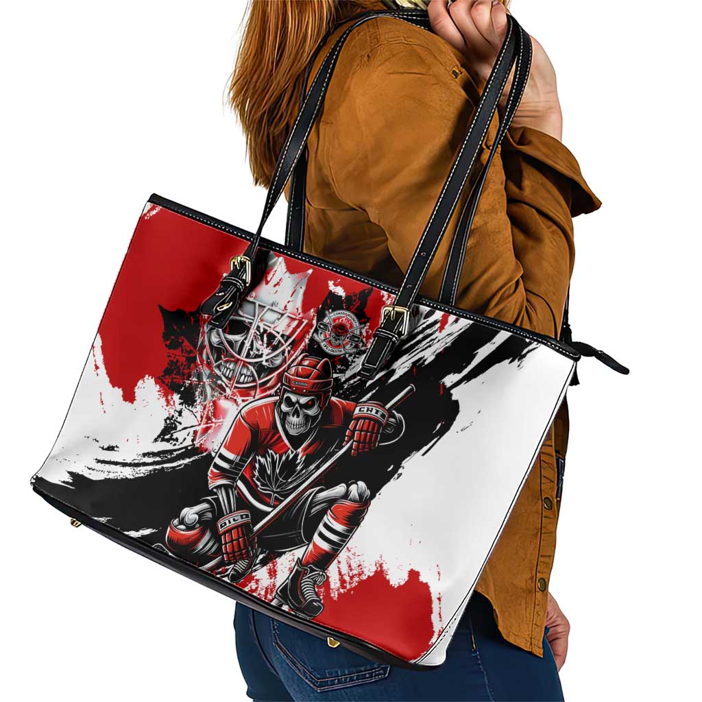 Canada Hockey Skull Life and Death Leather Tote Bag