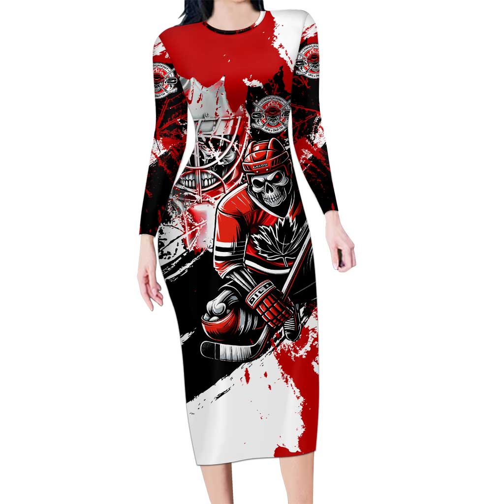 Canada Hockey Skull Life and Death Long Sleeve Bodycon Dress