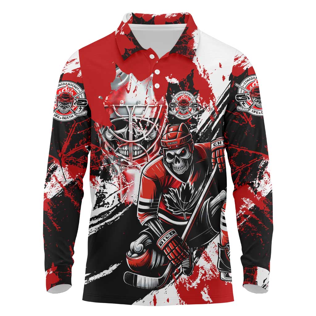 Canada Hockey Skull Life and Death Long Sleeve Polo Shirt