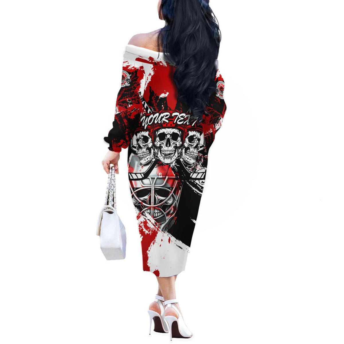 Canada Hockey Skull Life and Death Off The Shoulder Long Sleeve Dress