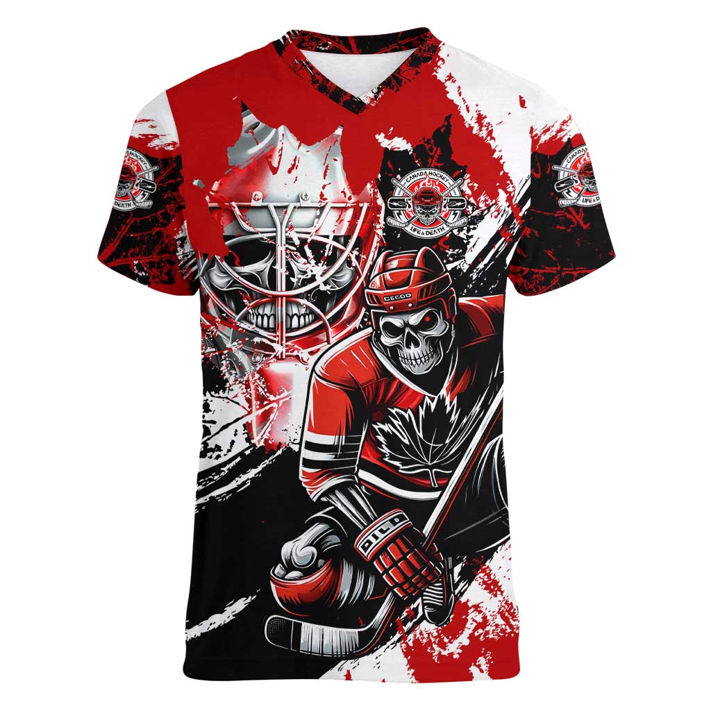 Canada Hockey Skull Life and Death Women V-Neck T-Shirt