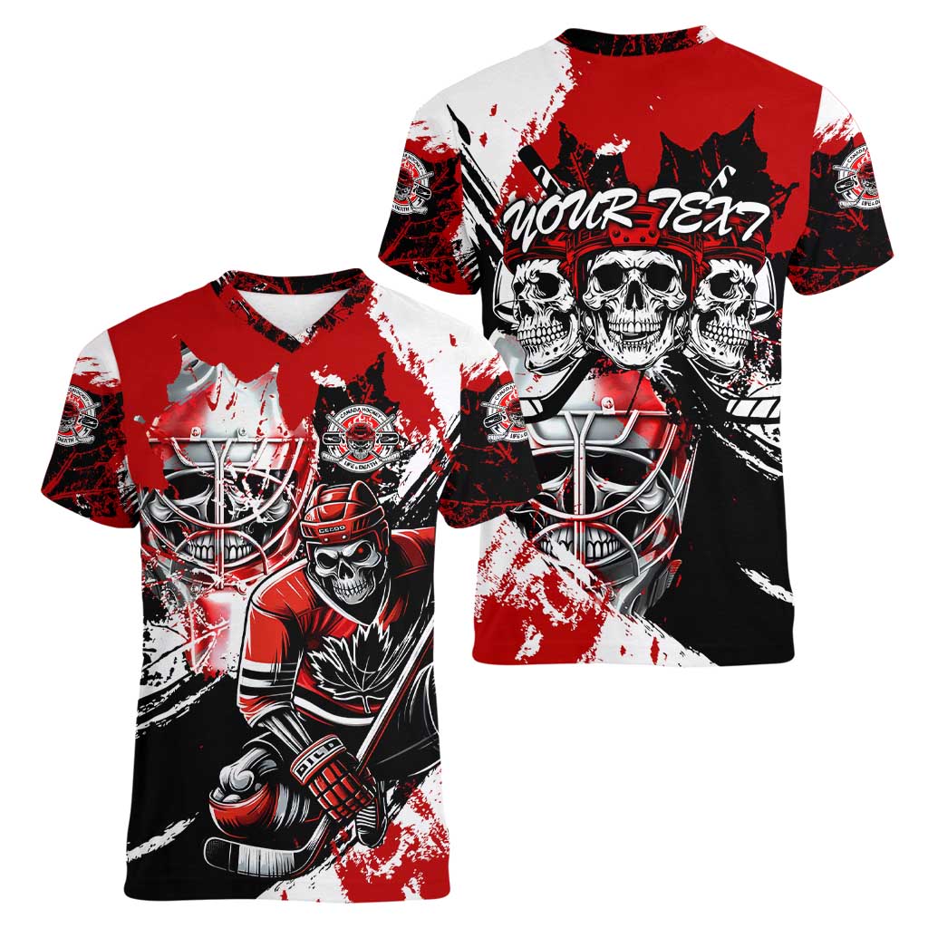 Canada Hockey Skull Life and Death Women V-Neck T-Shirt