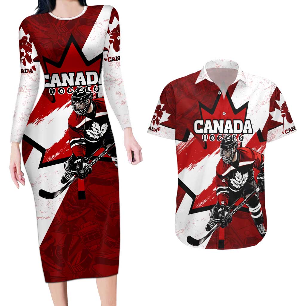 Personalized Canada Hockey Warrior Couples Matching Long Sleeve Bodycon Dress and Hawaiian Shirt Bold Maple Leaf Sports Art
