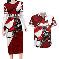 Personalized Canada Hockey Warrior Couples Matching Long Sleeve Bodycon Dress and Hawaiian Shirt Bold Maple Leaf Sports Art