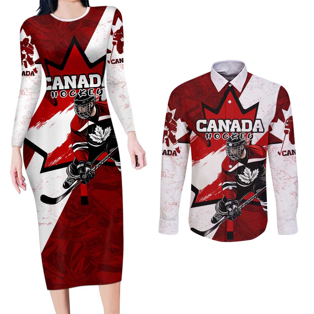 Personalized Canada Hockey Warrior Couples Matching Long Sleeve Bodycon Dress and Long Sleeve Button Shirt Bold Maple Leaf Sports Art