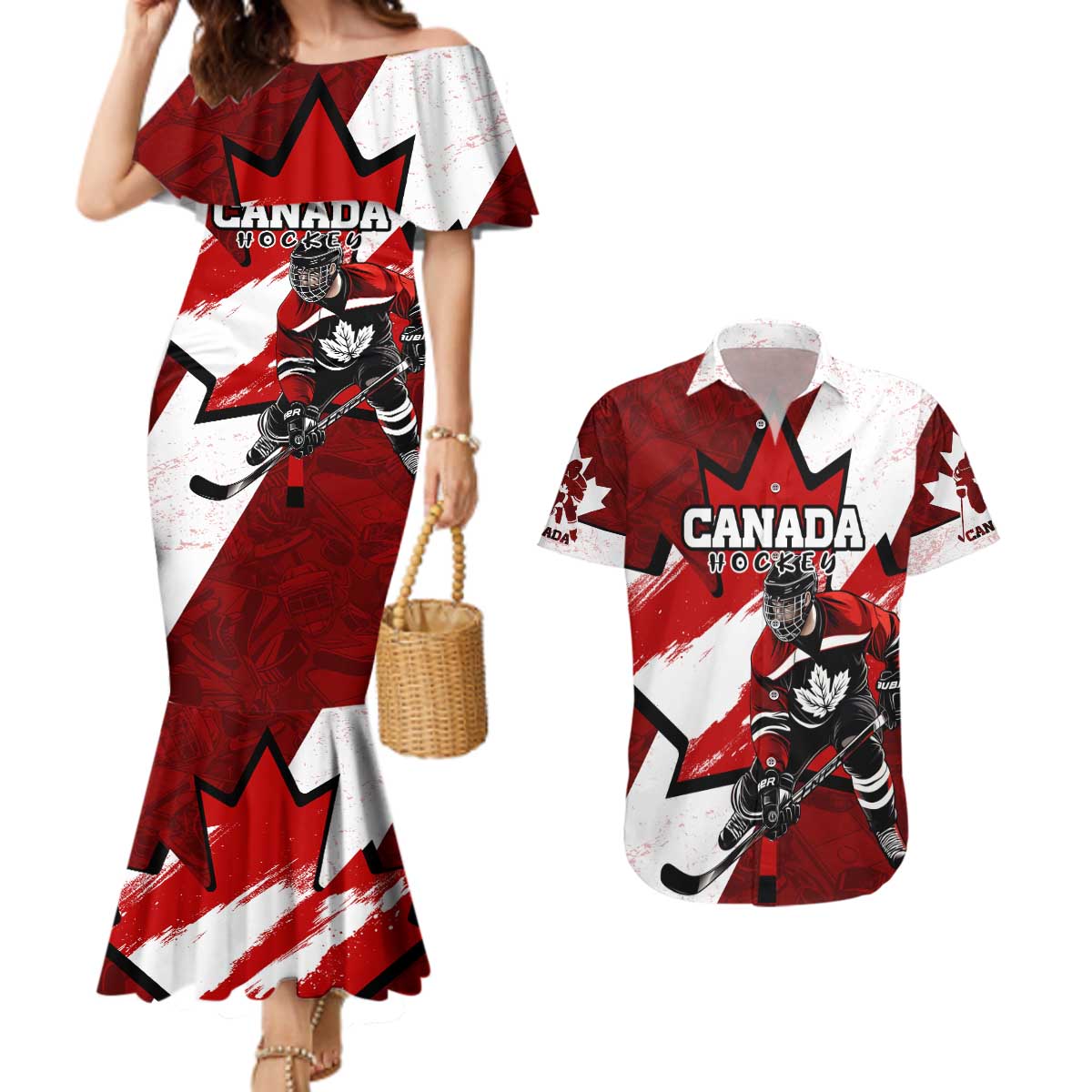Personalized Canada Hockey Warrior Couples Matching Mermaid Dress and Hawaiian Shirt Bold Maple Leaf Sports Art