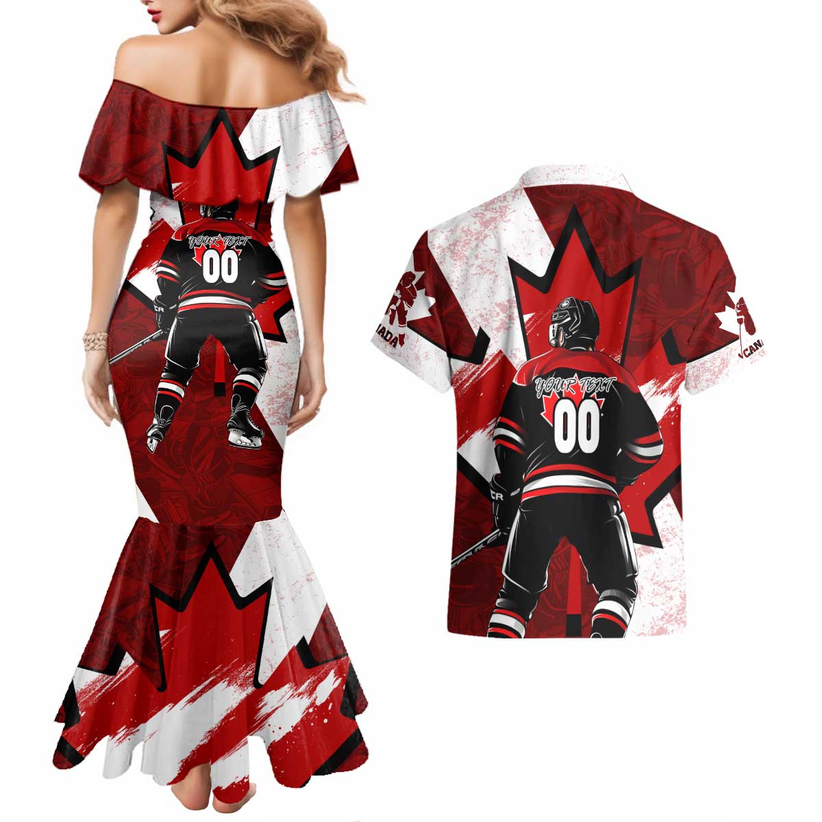 Personalized Canada Hockey Warrior Couples Matching Mermaid Dress and Hawaiian Shirt Bold Maple Leaf Sports Art