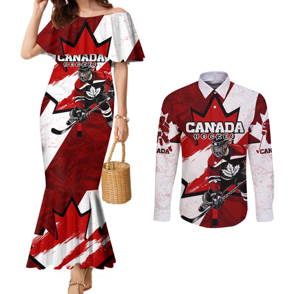 Personalized Canada Hockey Warrior Couples Matching Mermaid Dress and Long Sleeve Button Shirt Bold Maple Leaf Sports Art