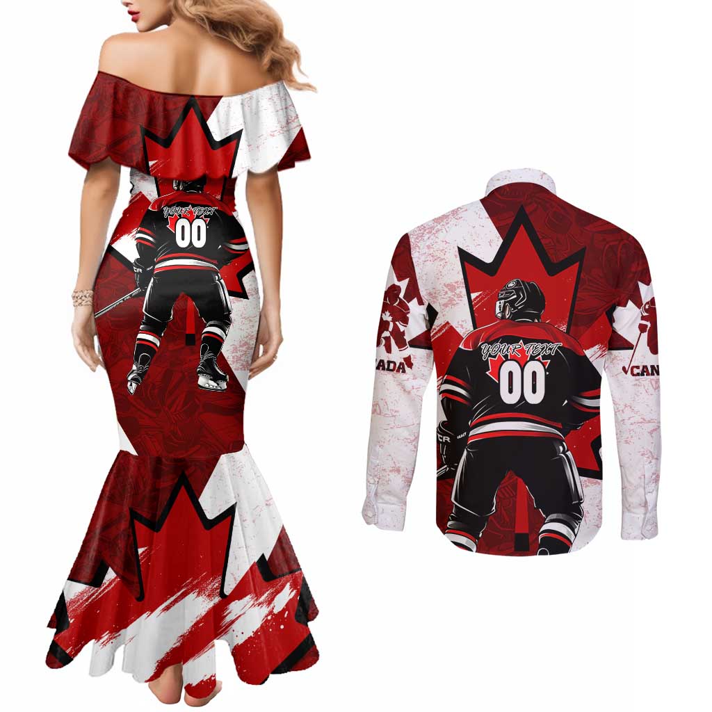 Personalized Canada Hockey Warrior Couples Matching Mermaid Dress and Long Sleeve Button Shirt Bold Maple Leaf Sports Art