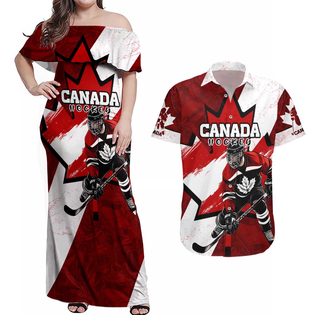 Personalized Canada Hockey Warrior Couples Matching Off Shoulder Maxi Dress and Hawaiian Shirt Bold Maple Leaf Sports Art