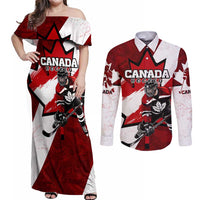 Personalized Canada Hockey Warrior Couples Matching Off Shoulder Maxi Dress and Long Sleeve Button Shirt Bold Maple Leaf Sports Art