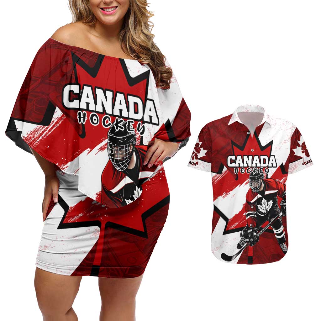 Personalized Canada Hockey Warrior Couples Matching Off Shoulder Short Dress and Hawaiian Shirt Bold Maple Leaf Sports Art