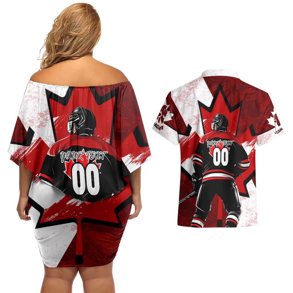 Personalized Canada Hockey Warrior Couples Matching Off Shoulder Short Dress and Hawaiian Shirt Bold Maple Leaf Sports Art