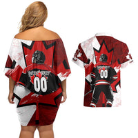 Personalized Canada Hockey Warrior Couples Matching Off Shoulder Short Dress and Hawaiian Shirt Bold Maple Leaf Sports Art