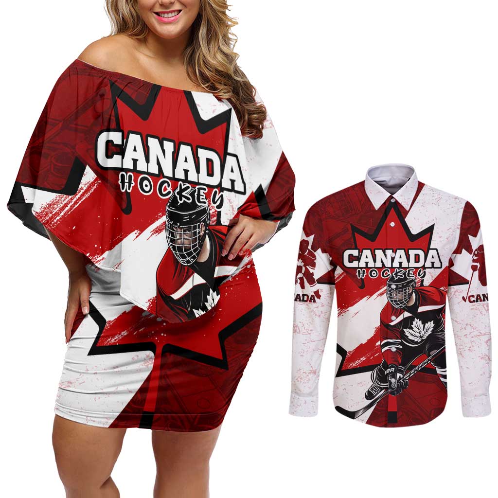 Personalized Canada Hockey Warrior Couples Matching Off Shoulder Short Dress and Long Sleeve Button Shirt Bold Maple Leaf Sports Art