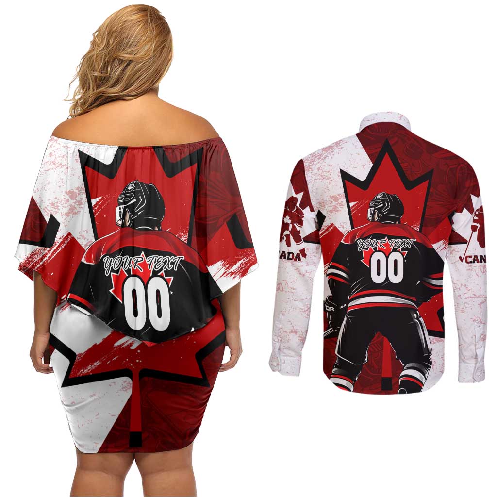 Personalized Canada Hockey Warrior Couples Matching Off Shoulder Short Dress and Long Sleeve Button Shirt Bold Maple Leaf Sports Art